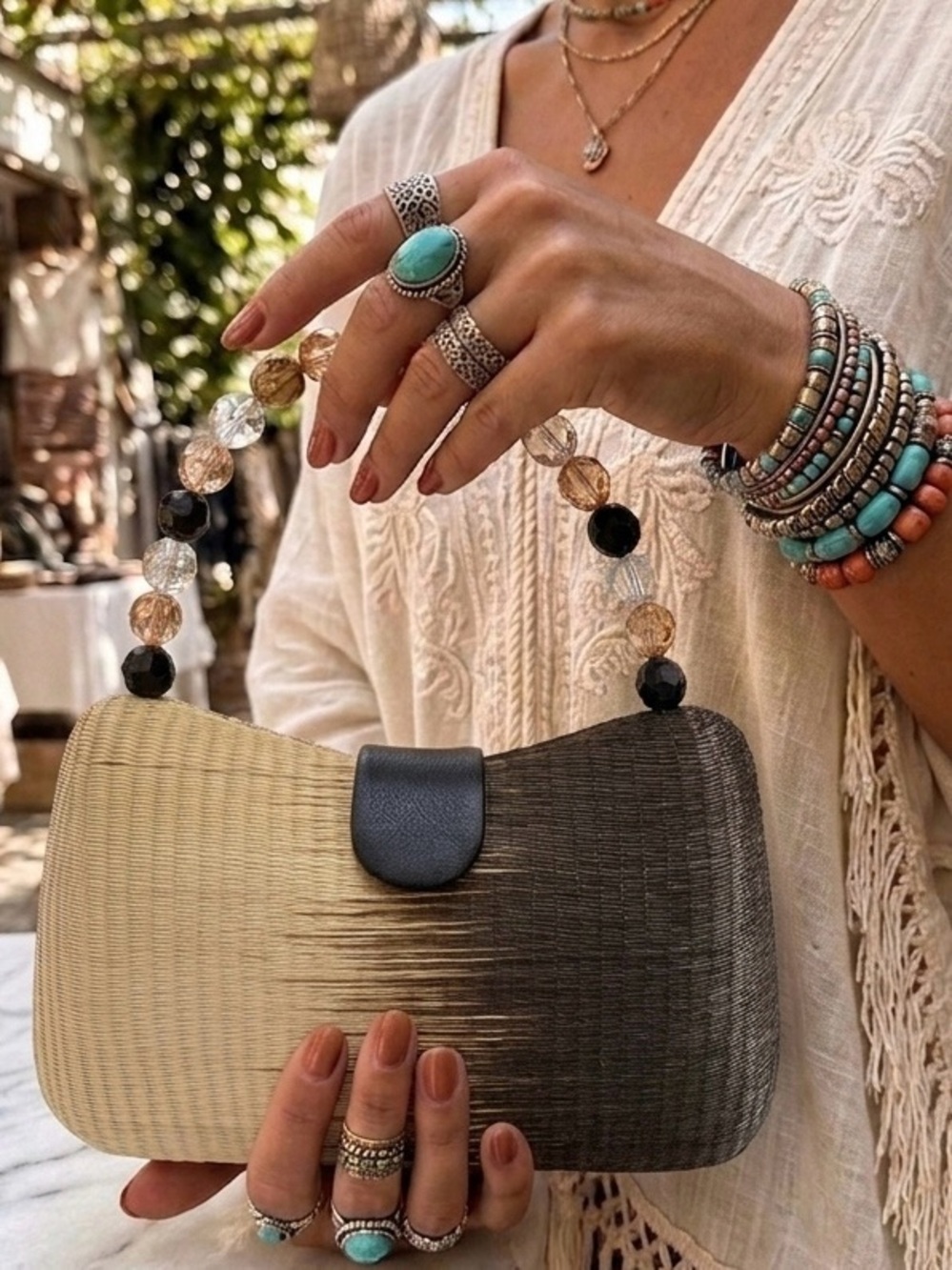 Le Sac Natural Fiber Woven Mini Purse w/ Beaded Handle, 2-Tone Beige & Black
